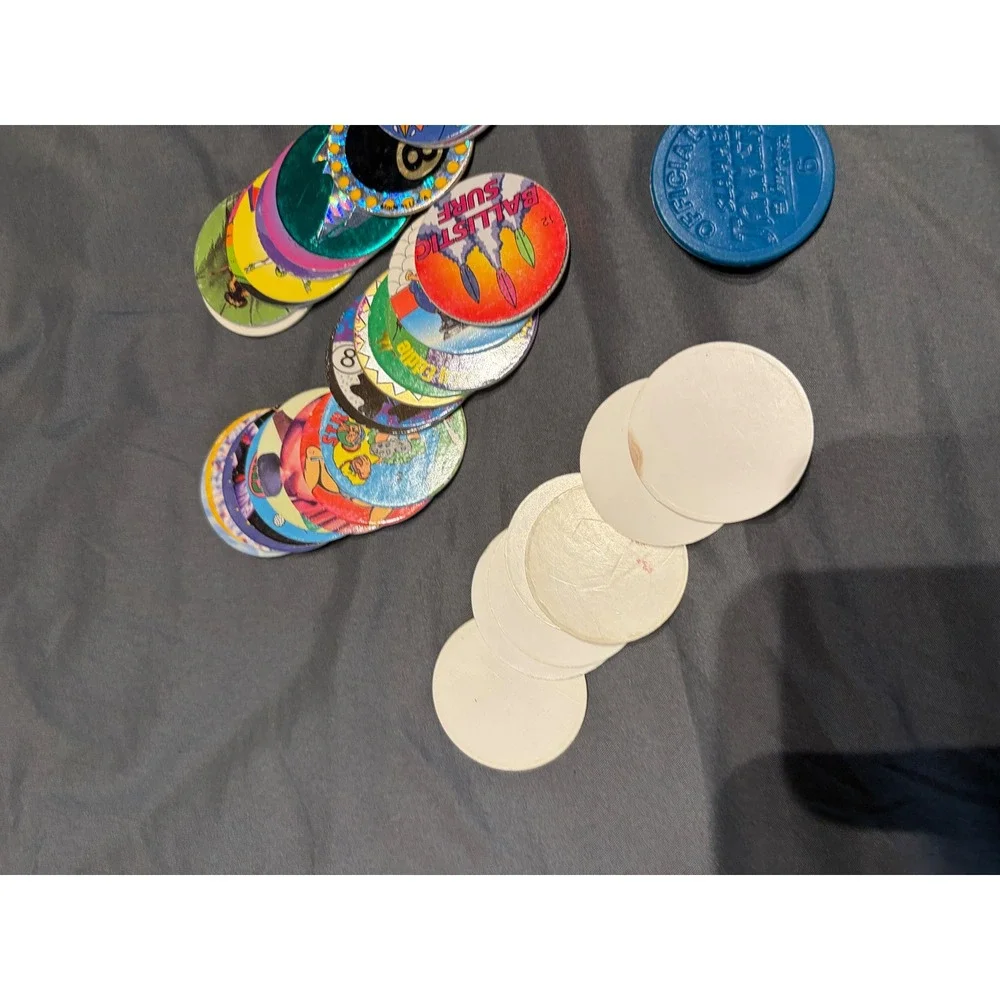 Vintage 90s Pogs Lot 35 Milk Caps and 1 Official Slammer Jammer Blue Retro Toy